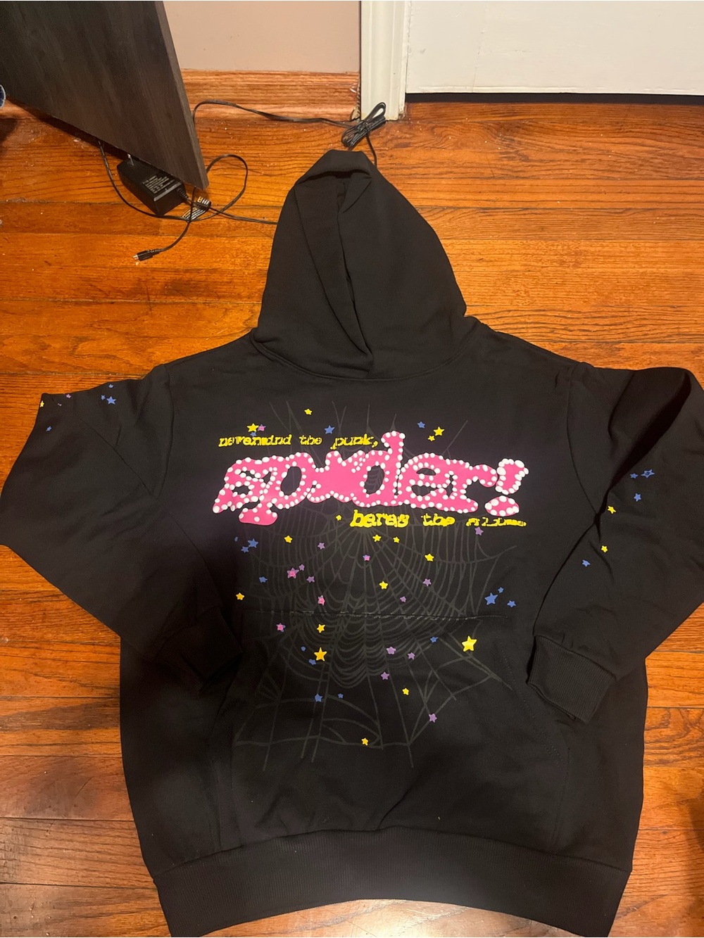 Black Hoodie with Pink Studded 'Spindler' Logo and Star Accents